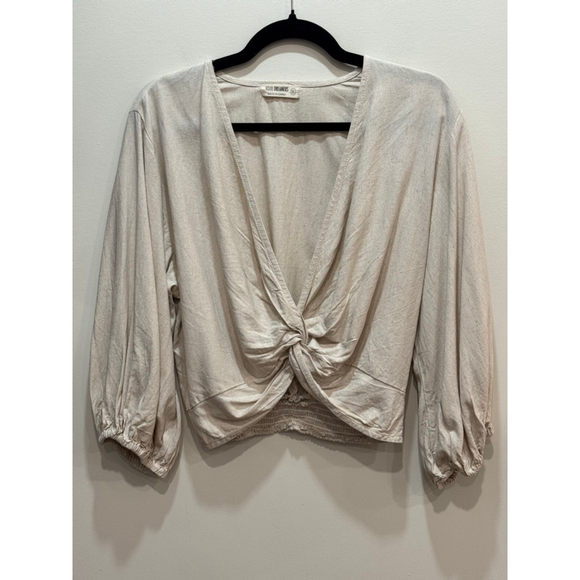 4Our Dreamers Tops - 4OUR DREAMERS Beige Linen Wrap Crop Top XL Minimalist Boho Cottage Beach